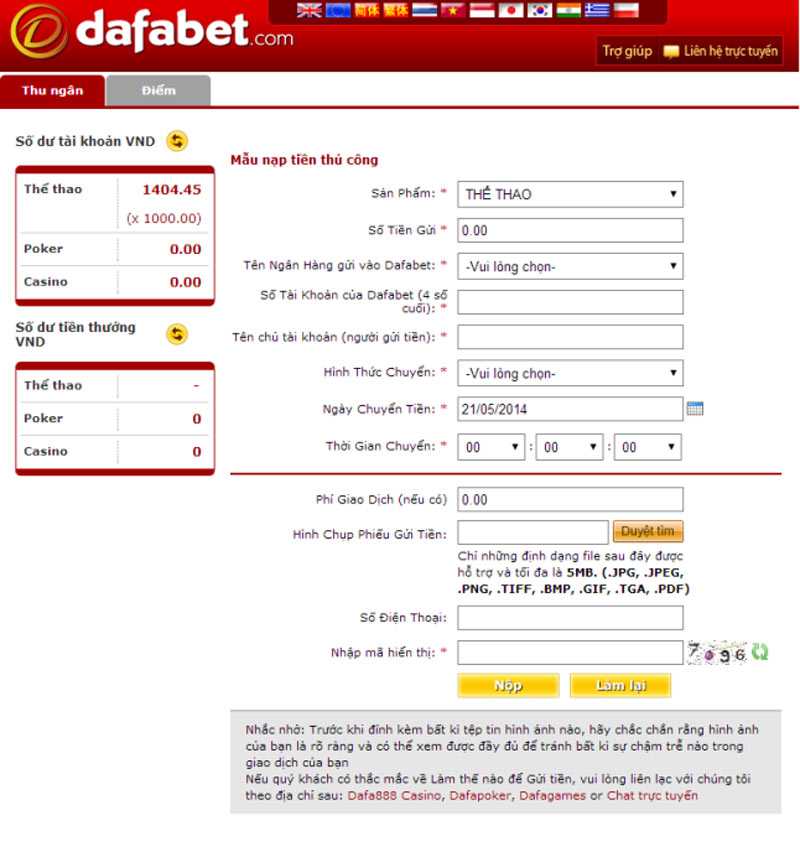 hướng dẫn nạp tiền vào tài khoản dafabet qua Internet banking